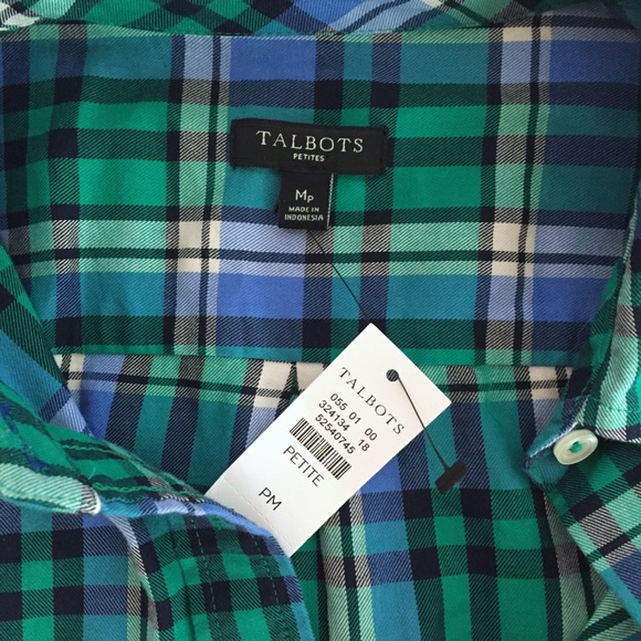 TALBOTS Button Down Shirt Cotton Long Sleeve Plaid Blue White Green Size MP - Picture 9 of 11